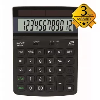REBELL RE-ECO 450 BX galda kalkulators, 12 ciparu LCD, divkāršā barošana, pārstrādāta plastmasa, melns