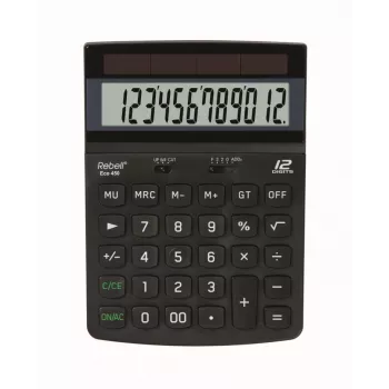 REBELL RE-ECO 450 BX galda kalkulators, 12 ciparu LCD, divkāršā barošana, pārstrādāta plastmasa, melns