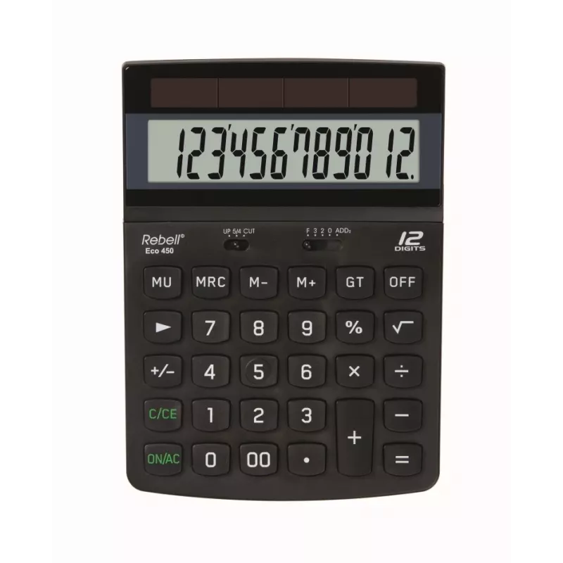 REBELL RE-ECO 450 BX galda kalkulators, 12 ciparu LCD, divkāršā barošana, pārstrādāta plastmasa, melns