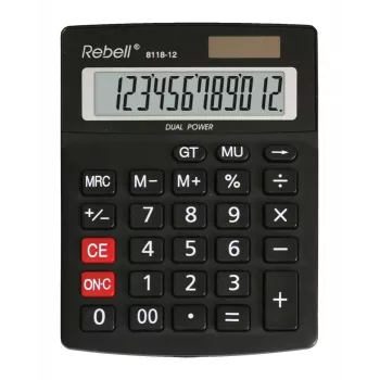 REBELL RE-8118-12 BX pussolokrūšu kalkulators, 12 ciparu leņķiskais LCD, divkāršā barošana ar saules bateriju un bateriju, melns