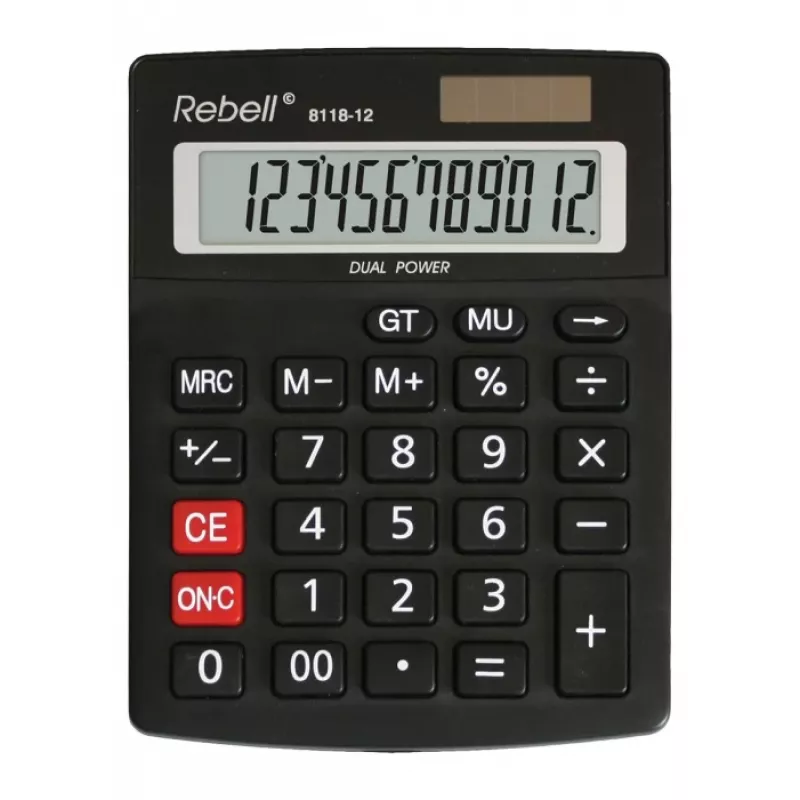 REBELL RE-8118-12 BX pussolokrūšu kalkulators, 12 ciparu leņķiskais LCD, divkāršā barošana ar saules bateriju un bateriju, melns