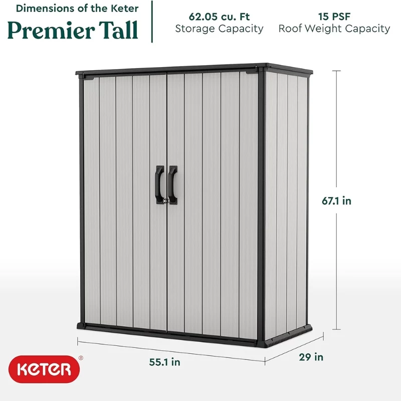 Keter Premier Tall dārza skapis 29209552 – bēšā/brūnā sveķu uzglabāšanas nojume, 1700L, divkāršas sienas, aizslēdzams