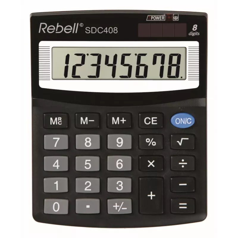 REBELL RE-SDC408 BX puskabatas galda kalkulators, 12 ciparu LCD, divkāršā barošana (saules un baterija), melns