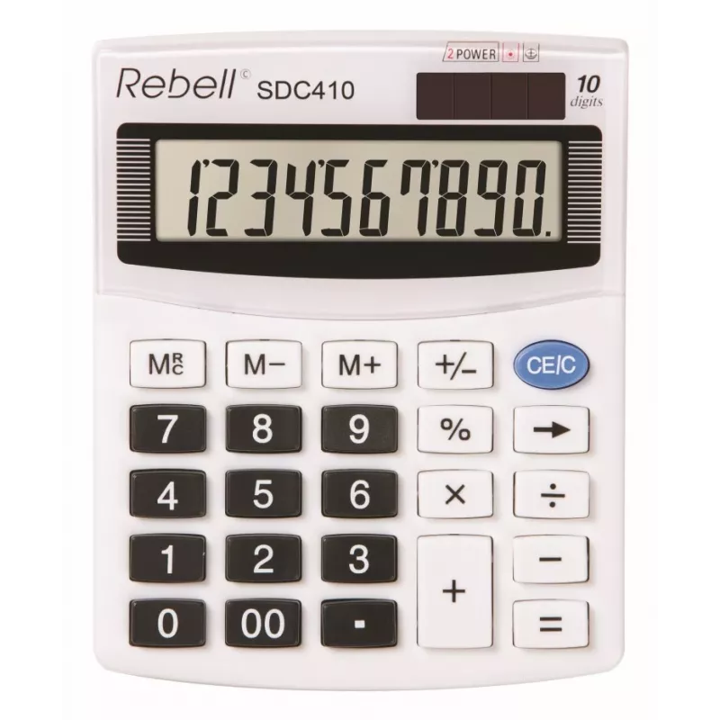 REBELL RE-SDC410 BX pussolārais kalkulators, 10 ciparu LCD, divkāršā barošana (saules un baterija), melns