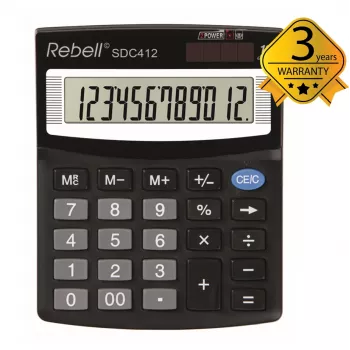 REBELL RE-SDC412 BX pussemi-deskop kalkulators, 12 ciparu LCD, divu veidu barošana, melns