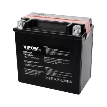 VIPOW BAT0501 Konvencionālais svina-skābes motocikla akumulators 12V 14Ah, 140A CCA, iekļauts skābes komplekts