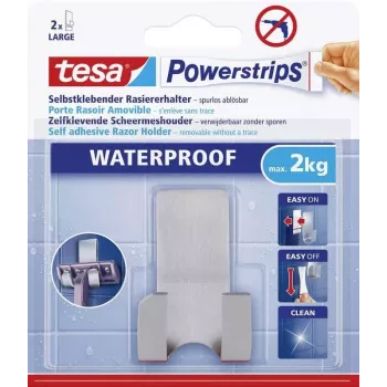 tesa Powerstrips skuvekļa turētājs WAVE ŪDENSIZTURĪGS, nerūsējošais tērauds, mitrām vidēm (dušai/vannas istabai), 1 gabals