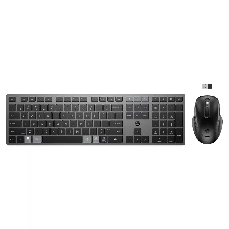 HPINC HP 725 - tastatūras un peles komplekts - daudzfunkcionāls, uzlādējams, darbināms ar superkondensatoru - pilna izmēra - bezvadu - Nightfall Black -