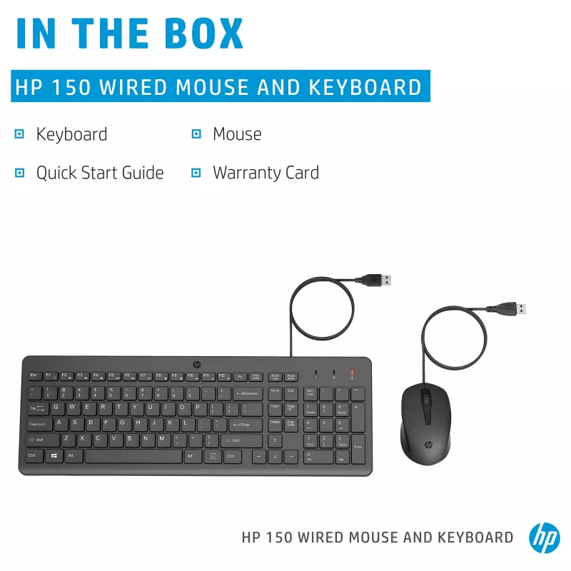 HP 150 - tastatūras un peles komplekts - USB - GB - melns