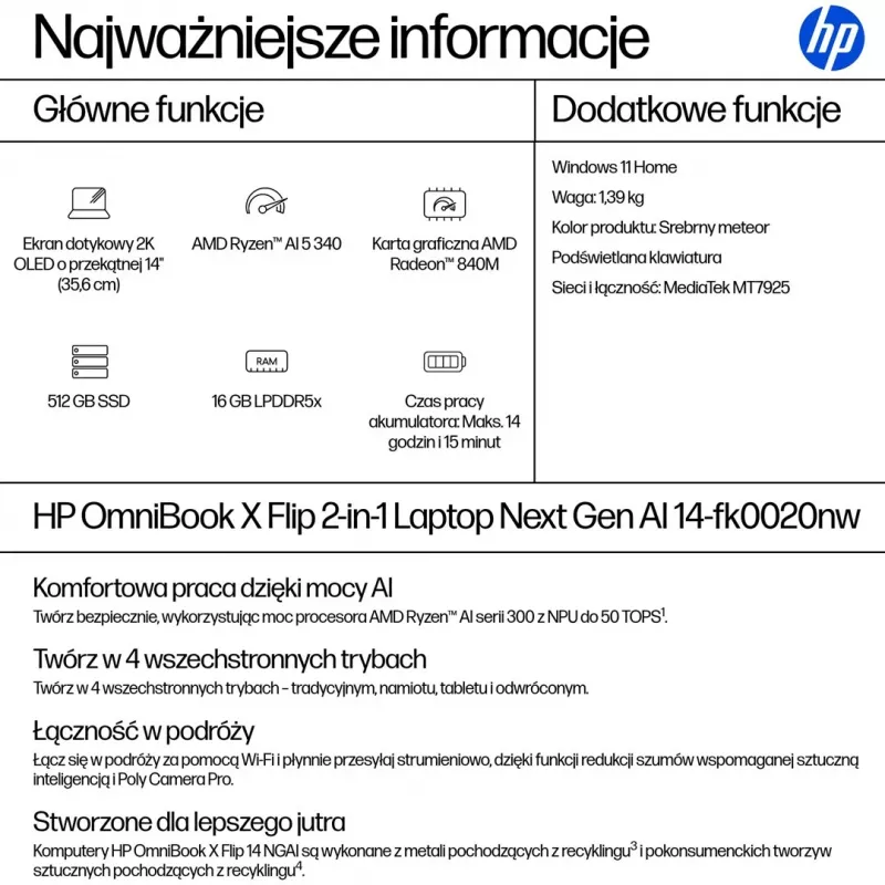 HP OmniBook X Flip 2-in-1 14-fk0020nw, 14,2 inch 2.8K OLED skārienjutīgs, AMD Ryzen AI 5 340, 16GB RAM, 512GB SSD, Radeon 840M, Win11, Meteor Silver