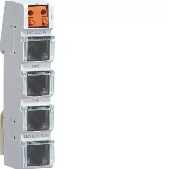 Hager LMN kopnes modulis ar 4 RJ12 portiem, aktīvais barošanas bloks, DIN sliedes montāža, 2 TE platums ZZ12LMN04A