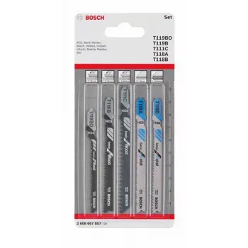 Bosch Accessories 2608667857 finierzāģa asmeņu komplekts koksnei un metālam Basic, 5 gab., T-kāts