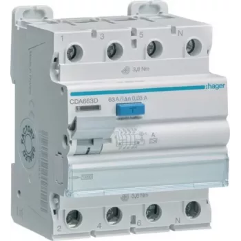 HAGER CDA663D Diferenciālās strāvas aizsardzības automāts 4P 63A 30mA A tipa 10kA