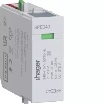 Hager SPE040 Pārsprieguma aizsardzības modulis L-N Uc 275V In 20kA Imax 40kA Up 1,35kV