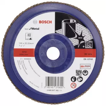 Bosch X571 Best for Metal slīpēšanas diski ar līstītēm, 180 mm diametrs, 22,23 mm urbums, cirkonija alumīnija oksīds, graudainība 40, 1 gab. 2608607342