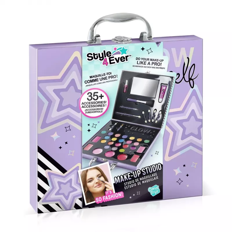 Canal Toys Make-Up Studio (OFG313) - Bērniem droša kosmētikas komplekts ar 10 acu ēnām, 6 lūpu spīdumiem, 2 vaigu sārtumiem, aplikatoriem, otām un salokāmu spoguli