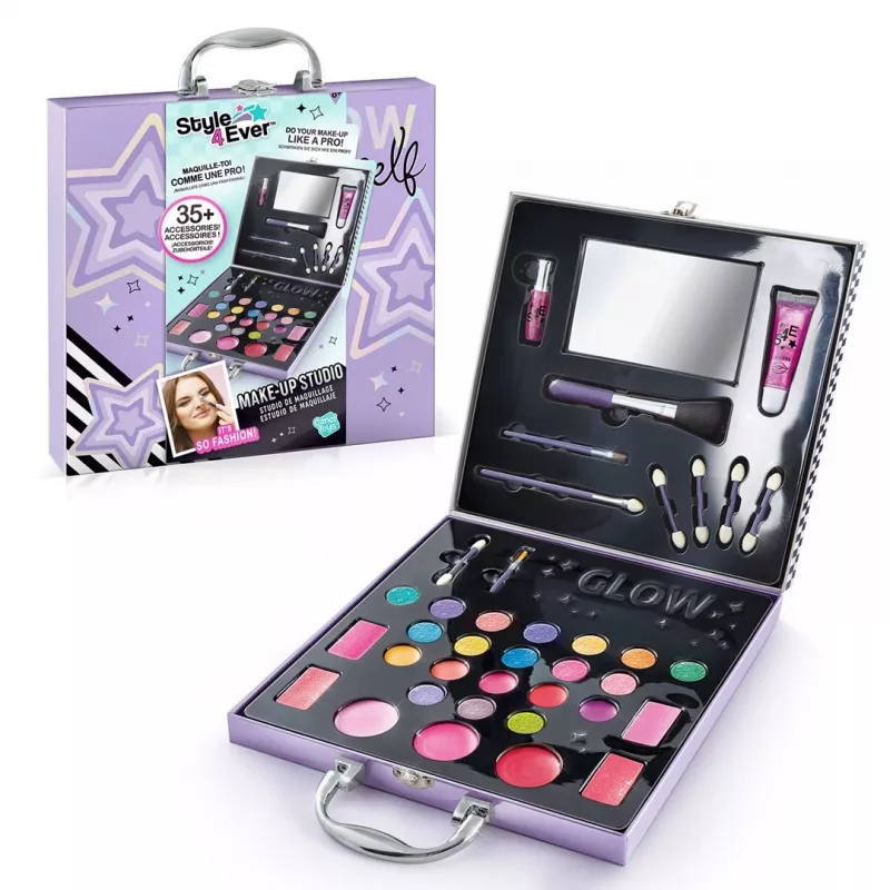 Canal Toys Make-Up Studio (OFG313) - Bērniem droša kosmētikas komplekts ar 10 acu ēnām, 6 lūpu spīdumiem, 2 vaigu sārtumiem, aplikatoriem, otām un salokāmu spoguli
