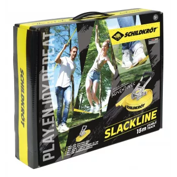 SCHILDKRÖT Slackline komplekts 15 m dzeltens, 50 mm plats ar sprūdrata savilkšanu - līdzsvara treniņu komplekts 970701