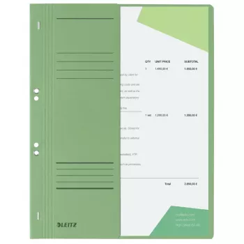 LEITZ A4 dokumentu vāks ar metāla aizdari, manilas kartons, zaļš, oficiālā lietvedība, 250 g/m², 1/2 priekšējais vāks ar marķējuma lauku, 50 gab. iepakojums (3741-00-55)