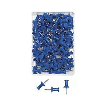 WEDO spraudītes zilas 100 gab. 12 mm adatas garums 10 mm galviņas diametrs caurspīdīgā plastmasas kastītē 54 203