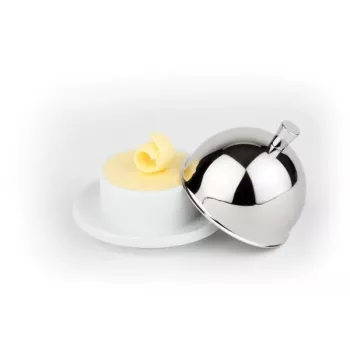 APS sviesta servēšanas trauks, porcelāna šķīvis ar nerūsējošā tērauda 18/8 vāku, 180 x 130 x 70 mm, balts/sudraba, 1 gabals 15921