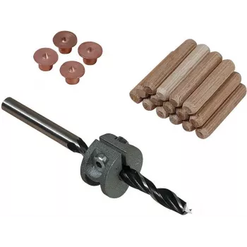 Wolfcraft 8 mm dižskābarža koka dībeļu komplekts ar urbjmašīnas urbi, dziļuma ierobežotāju un marķieriem (50 dībeļi, 56 gabali) 2917000