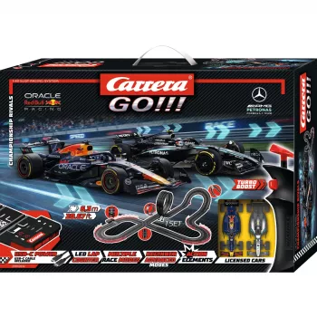 Carrera GO!!! Championship Rivals elektriskais slotauto sacīkšu komplekts 1:43 mērogā, 5,3 m trase, Red Bull pret Mercedes F1