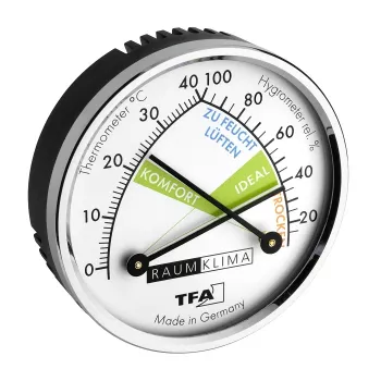 TFA Dostmann 452024 termohigrometrs, analogs, balts/sudrabs, sienas vai galda novietojums, -15 līdz +55°C, 0-100% RH