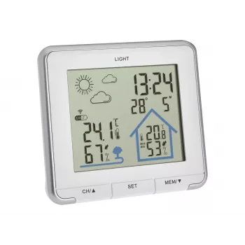 TFA Dostmann LIFE bezvadu laika stacija ar 12-24h prognozi, krāsains LCD, iekštelpu/āra temperatūra un mitrums, DCF-77 pulkstenis, sala trauksme, 1 sensors iekļauts – melna 35.1153.02