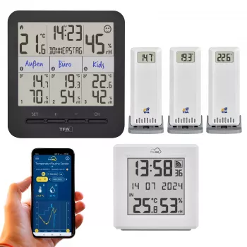 TFA Dostmann TFA.me sākuma komplekts ar WLAN vārteju un 2 KLIMA@HOME bezvadu termo-higrometriem, melns/balts 35.8109.02
