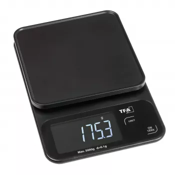 TFA Dostmann COOKIE digitālie virtuves svari, 5 kg ietilpība, 1 g precizitāte, ar mērtrauku, melni 50.2009.01