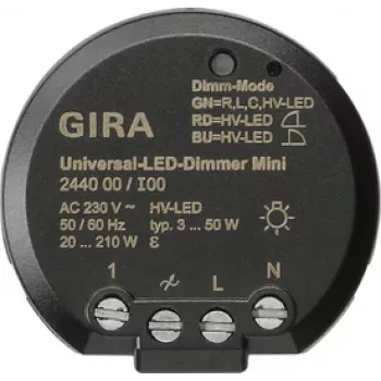 GIRA 244000 Universālais LED dimmera modulis, ierīkojams sienā, elektronisks, 230 V AC, 3-100 W LED / 20-200 W halogēns, fāzes vadība, maiga iedarbināšana, atmiņas funkcija