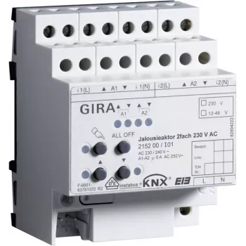 GIRA žalūziju/ruļļu piedziņas aktators 2 kanālu 230 V AC KNX/EIB DIN sliedei 215200