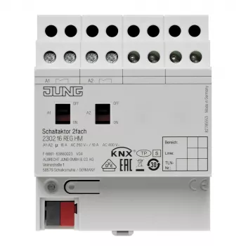 Jung KNX komutācijas izpildmehānisms, 2 kanālu, 16 A, 230 V AC, DIN sliedes, 2 TE 2302.16REGHM