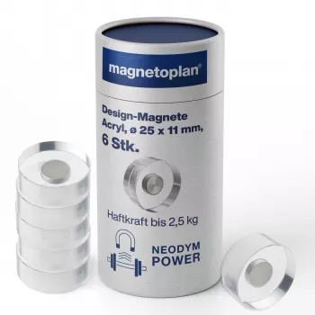 MAGNETOPLAN HOLTZ magnetoplan dizaina magnēti, 25 mm, 6 neodīma magnētu komplekts ar caurspīdīgu akrila rokturi, pulēti (1680025)