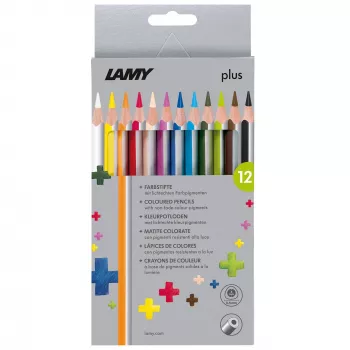 LAMY plus trīsstūrveida krāsainie zīmuļi, 12 gabalu kartona iepakojumā, ergonomiska trīsstūrveida forma, matēta virsma, dažādas krāsas (1222007)