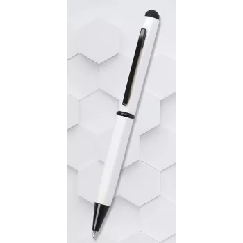 ONLINE SCHREIBGERÄTE Hexagon Stylus lodīšu pildspalva, balts korpuss, zils tinti, kapacitatīvais irbulis, pagriežams mehānisms, alumīnijs, 1 gab. (21031/3D)