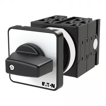 Eaton T0-4-8251/E 2 polu 3 pozīciju ON-OFF-ON izciļņu slēdzis, 20A, 690V, IP65 priekšpuse, melns rokturis, balta priekšējā plāksne 013971