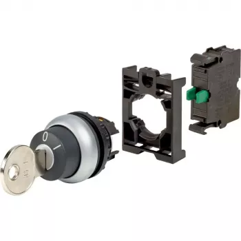 Eaton M22-WS-K10-BVP atslēgas vadības selektora slēdža izpildmehānisms, 2 pozīcijas, fiksējošs, melns plastmasas priekšējais gredzens, atslēga K10, 22,5 mm 110921