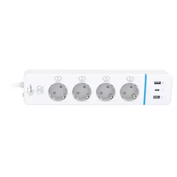 ALLNET ESP32 WiFi viedais pagarinātājs ALL3079-4, 4 maiņstrāvas kontaktligzdas, 2x USB-A un 1x USB-C, enerģijas patēriņa uzraudzība