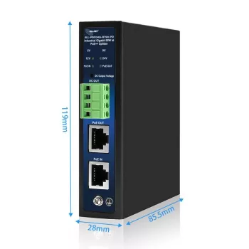 ALLNET Industriālais PoE sadalītājs/ekstraktors IEEE 802.3bt Type 4, 90W, 5V/9V/12V/24V izvēles izeja, Gigabit Ethernet, DIN sliedes/sienas stiprinājums (ALL-PSI104G-BT90-PD)