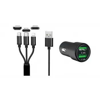 IWH Dual USB automašīnas lādētājs 3-in-1 12/24V 3.4A melns (19061)