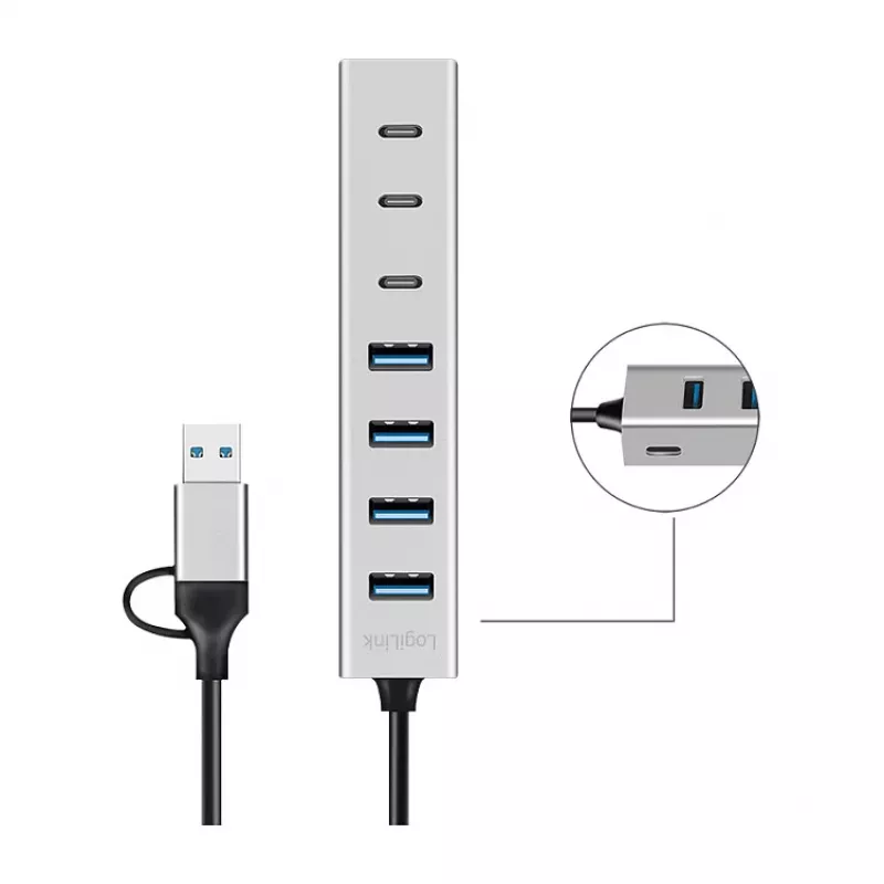 LogiLink USB 3.0 centrmezgls, 7 portu, 4x USB-A, 3x USB-C, alumīnija korpuss
