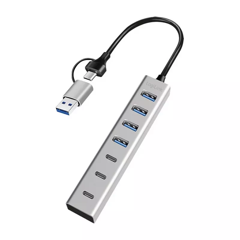 LogiLink USB 3.0 centrmezgls, 7 portu, 4x USB-A, 3x USB-C, alumīnija korpuss