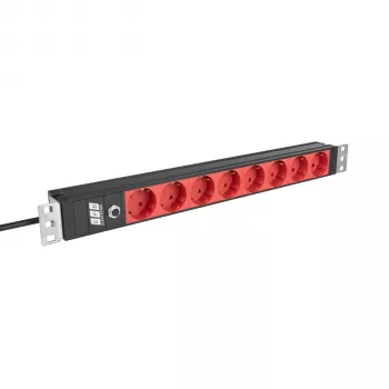 EFB Elektronik EK631CD.1V2 19 inch 1U 19 collu statīva PDU, 8 x CEE 7/3 sarkanas kontaktligzdas, IEC C14 ieeja, 10 A pārslodzes aizsardzība, melna