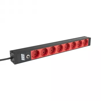 EFB Elektronik EK631CD.1V2 19 inch 1U 19 collu statīva PDU, 8 x CEE 7/3 sarkanas kontaktligzdas, IEC C14 ieeja, 10 A pārslodzes aizsardzība, melna
