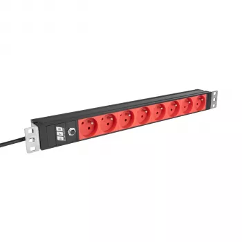 EFB ELEKTRONIK EK631CF.1V2 19 collu 1U plaukta PDU, 8 x CEE 7/5 (E tipa) sarkanas kontaktligzdas, IEC C14 ieeja, 10A pārslodzes aizsardzība, melns