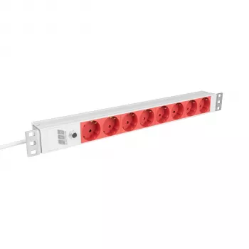 EFB Elektronik EK631CD.1GRV2 19 collu 1U statīva barošanas sadalītājs, 8x CEE 7/3 sarkanas kontaktligzdas, IEC C14 ieeja, 10A pārslodzes aizsardzība, pelēks