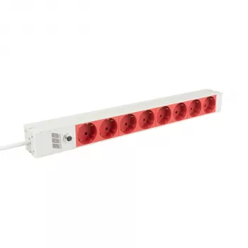 EFB Elektronik EK631CD.1GRV2 19 collu 1U statīva barošanas sadalītājs, 8x CEE 7/3 sarkanas kontaktligzdas, IEC C14 ieeja, 10A pārslodzes aizsardzība, pelēks
