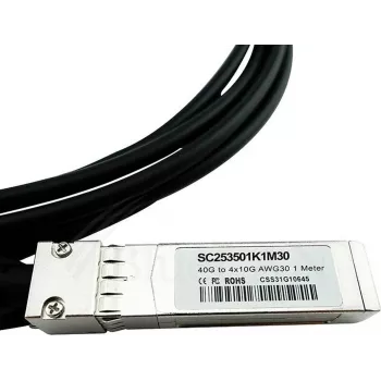 BlueLAN LSWM1QSTK3-BL 40GBASE-CR4 QSFP uz 4x10GBASE-CR SFP+ pasīvais tiešās pievienošanas sadalošais kabelis, 1m, AWG30